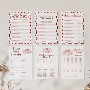 May include: Six printable bridal shower game cards with red text and illustrations. The games include "Who Knows the Bride Best?", "How Well Do You Know the Groom?", "Over or Under", "Bridal Word Scramble", "What's in Your Purse?", and "Wedding Word Search".