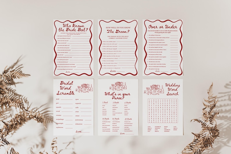 May include: Six printable bridal shower game cards with red text and illustrations. The games include "Who Knows the Bride Best?", "How Well Do You Know the Groom?", "Over or Under", "Bridal Word Scramble", "What's in Your Purse?", and "Wedding Word Search".
