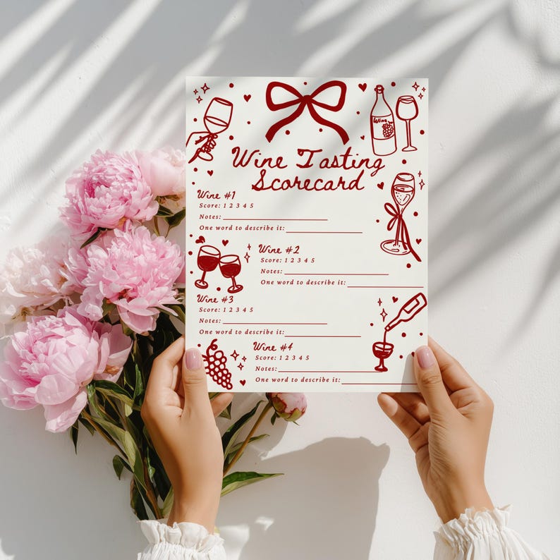 Pu&ograve; includere: Un segnapunti per la degustazione di vini con illustrazioni e testo rossi, tenuto davanti a un bouquet di peonie rosa. Il segnapunti include spazi per note e punteggi del vino, con il titolo "Wine Tasting Scorecard".