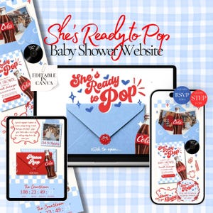 May include: A digital baby shower website template featuring a She's Ready to Pop theme with red cola bottle graphics, blue envelopes, and a light blue checkered background. The design includes editable sections for event details, RSVP forms, and countdowns.