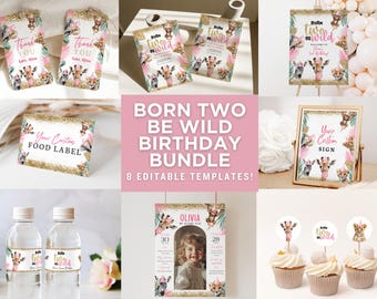 Two Wild Second Birthday Bundle, Born Two Be Wild Bundle, Safari 2nd Birthday Party, Jungle Animal Birthday, Party Animals Invite