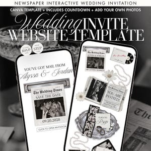 May include: A digital wedding invitation website template displayed on two smartphones. The screens feature a newspaper theme with text including "The Wedding Times," "Save The Date," and "You Are Invited," alongside photos of a couple, pearl necklaces, and rings.