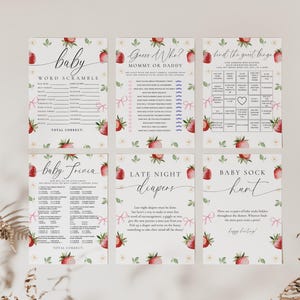 May include: Six printable baby shower game cards with a strawberry theme. The games include "Baby Word Scramble", "Guess Who? Mommy or Daddy", "Find the Guest Bingo", "Baby Trivia", "Late Night Diapers", and "Baby Sock Hunt".