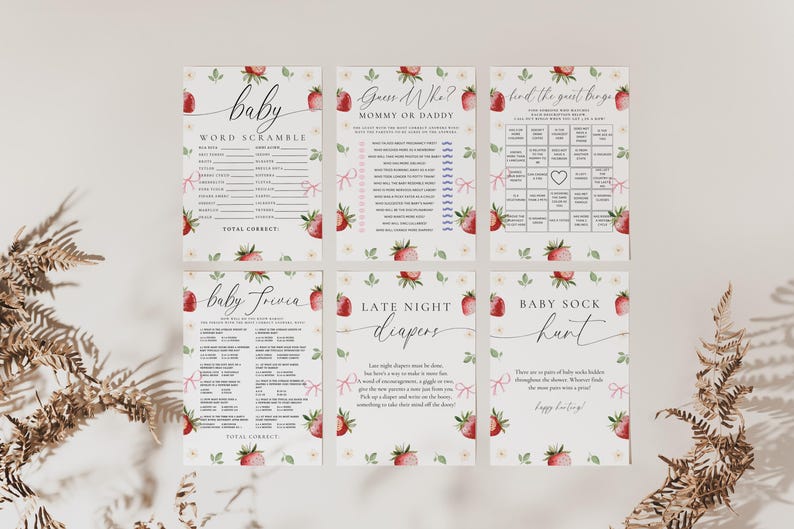 May include: Six printable baby shower game cards with a strawberry theme. The games include "Baby Word Scramble", "Guess Who? Mommy or Daddy", "Find the Guest Bingo", "Baby Trivia", "Late Night Diapers", and "Baby Sock Hunt".