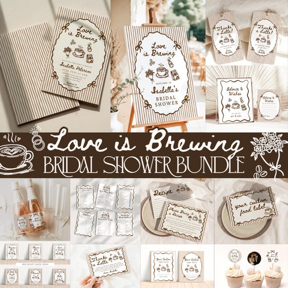 Love Is Brewing Bridal Shower Bundle, Coffee Bridal Shower Invitation Set, Bridal Shower Games & Signs, Espresso Bridal Decor Whimsical