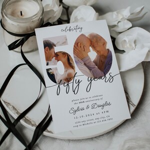 May include: A white card with black text announcing a 50th anniversary celebration for Sylvia & Douglas. The card features a photo of the couple in the number 50. The date and time of the event are listed, along with the address and contact information for RSVP.