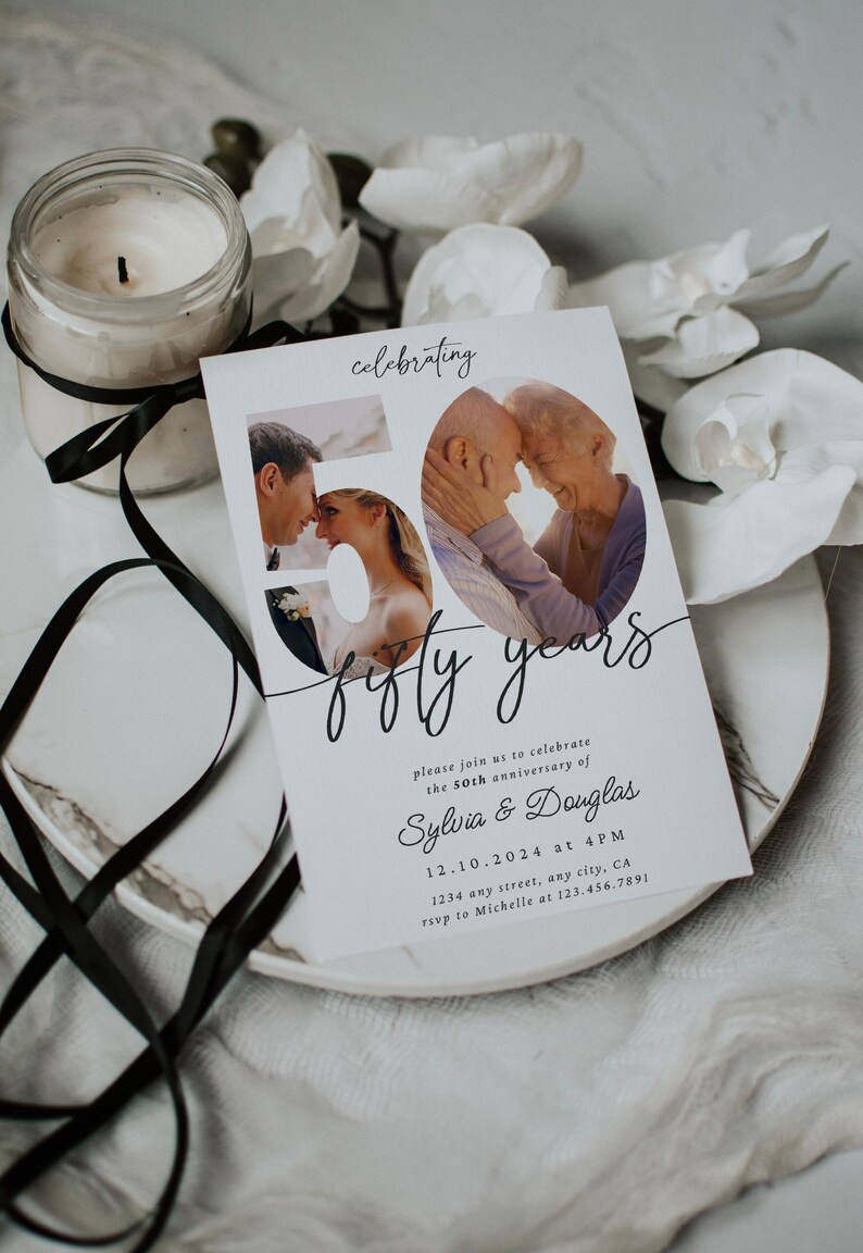 May include: A white card with black text announcing a 50th anniversary celebration for Sylvia & Douglas. The card features a photo of the couple in the number 50. The date and time of the event are listed, along with the address and contact information for RSVP.