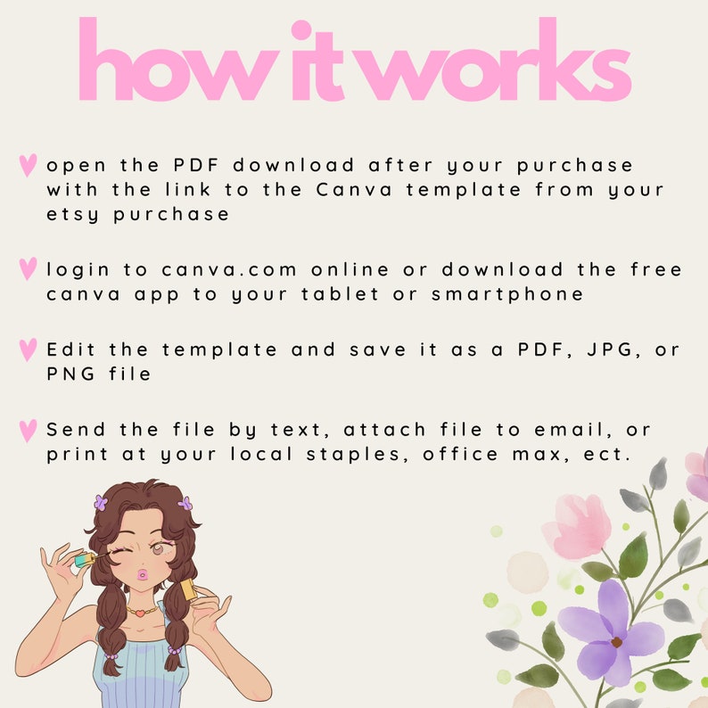 May include: A pink and white illustration with a cartoon woman holding a small bottle and a pink heart with the text "how it works" above her. The text below the illustration explains how to use a Canva template.