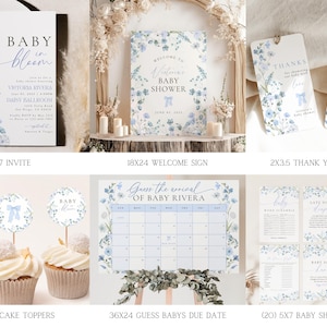 May include: A set of printable baby shower decorations featuring a blue and white floral design. The set includes an invitation, welcome sign, thank you tags, cupcake toppers, a game to guess the baby's due date, and several baby shower games.