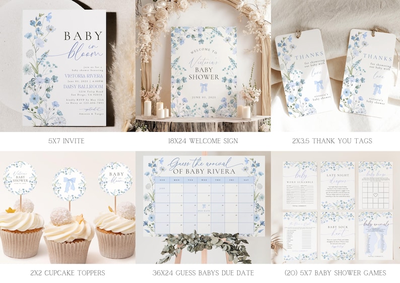 May include: A set of printable baby shower decorations featuring a blue and white floral design. The set includes an invitation, welcome sign, thank you tags, cupcake toppers, a game to guess the baby's due date, and several baby shower games.