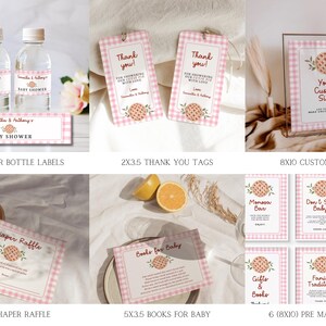 Puede incluir: Un conjunto de art&iacute;culos de papeler&iacute;a para baby shower con un patr&oacute;n de cuadros rosa. Incluye etiquetas para botellas de agua, tarjetas de agradecimiento, un letrero personalizado, tarjetas de rifa de pa&ntilde;ales, tarjetas de libros para beb&eacute;s y letreros prefabricados.