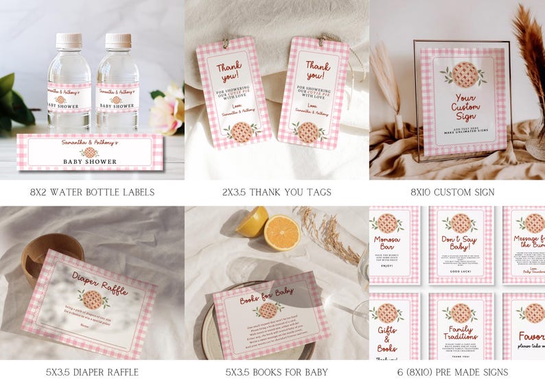 Puede incluir: Un conjunto de art&iacute;culos de papeler&iacute;a para baby shower con un patr&oacute;n de cuadros rosa. Incluye etiquetas para botellas de agua, tarjetas de agradecimiento, un letrero personalizado, tarjetas de rifa de pa&ntilde;ales, tarjetas de libros para beb&eacute;s y letreros prefabricados.
