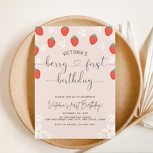 Berry First Birthday Invitation Template With Photo, Strawberry 1st Birthday Invite, Girls 1st Birthday Invitation, Boho Invite, Daisy image 5