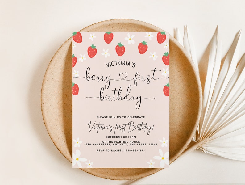 Berry First Birthday Invitation Template With Photo, Strawberry 1st Birthday Invite, Girls 1st Birthday Invitation, Boho Invite, Daisy image 5