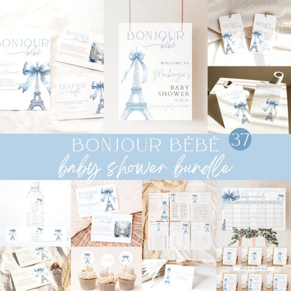 Bonjour bebe Shower Bundle, Bonjour Bébé Boy Baby Shower Invitation Bundle, Eiffel Tower, Parisian Cafe, Paris Baby Shower Bundle, Coquette