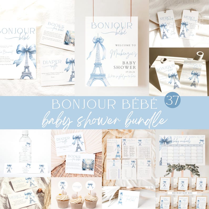 May include: A blue and white baby shower bundle with a Parisian theme. The bundle includes a welcome sign, diaper raffle tickets, favour tags, a calendar, and other printable items. The text on the welcome sign reads "Bonjour b&eacute;b&eacute;, Welcome to Mackenzie's Baby Shower".
