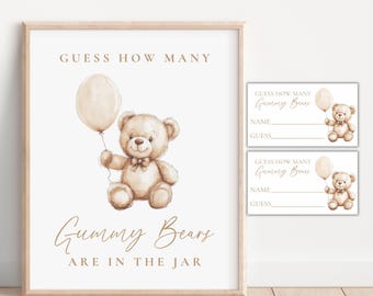 Bear Guess How Many Gummy Bears Game Teddy Bear Baby Shower Games We Can Bearly Wait Boho Aesthetic Printable Brown Bear Balloon