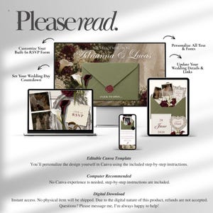 May include: A digital wedding invitation template set displayed on a computer monitor, laptop, tablet, and smartphone. The design features an olive green envelope with a red wax seal, floral accents, and customizable text fields for wedding details.