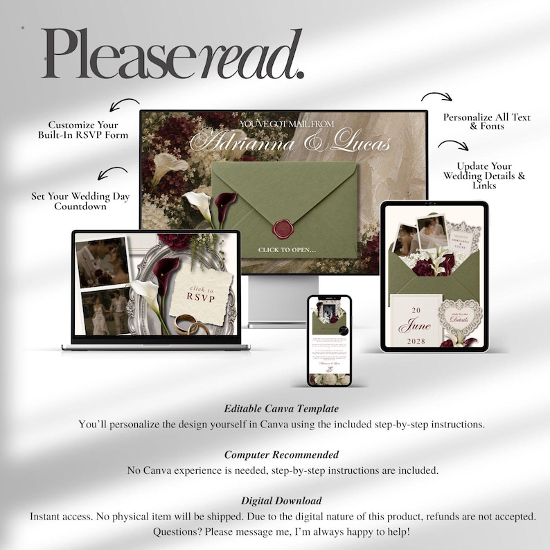 May include: A digital wedding invitation template set displayed on a computer monitor, laptop, tablet, and smartphone. The design features an olive green envelope with a red wax seal, floral accents, and customizable text fields for wedding details.