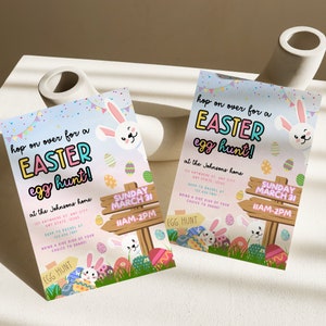 May include: An Easter egg hunt invitation with a bunny rabbit, colorful eggs, and a sign that says "Hop on over for an Easter egg hunt!" at the Johnsons home on Sunday, March 31 from 11 AM to 2 PM.