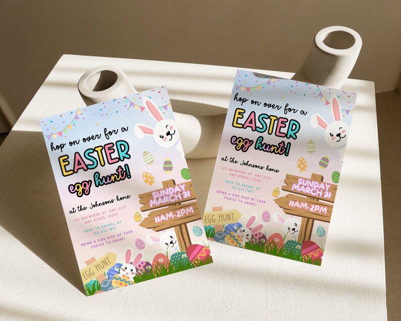 May include: An Easter egg hunt invitation with a bunny rabbit, colorful eggs, and a sign that says "Hop on over for an Easter egg hunt!" at the Johnsons home on Sunday, March 31 from 11 AM to 2 PM.
