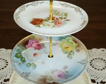 Vintage Cake Stand; Cottagecore Decor; Cupcake Stand; Three Tiered Tray; Upcycled Tray; Antique China; Tea Service; Dessert Stand