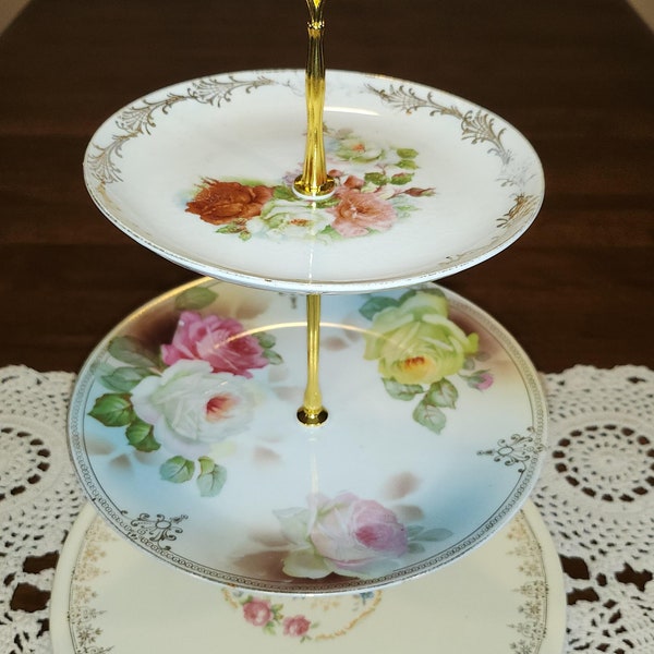 Vintage Cake Stand; Cottagecore Decor; Cupcake Stand; Three Tiered Tray; Upcycled Tray; Antique China; Tea Service; Dessert Stand