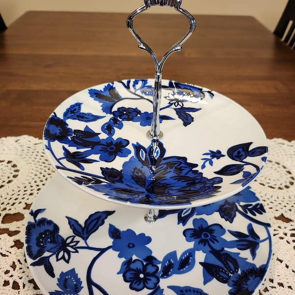 Blue Floral Two Tier Cake Stand, Floral Tiered Tray, Housewarming Gift, Tea Service, Cookie Platter, Kitchen Decor, Tidbit Tray