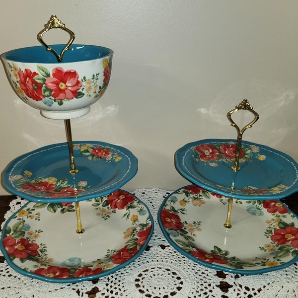 Pioneer Woman Vintage Floral Pattern Tiered Tray, Tiered Cake Stand, Tea Service, Housewarming Gift, Kitchen Decor, Home Decor, Floral China