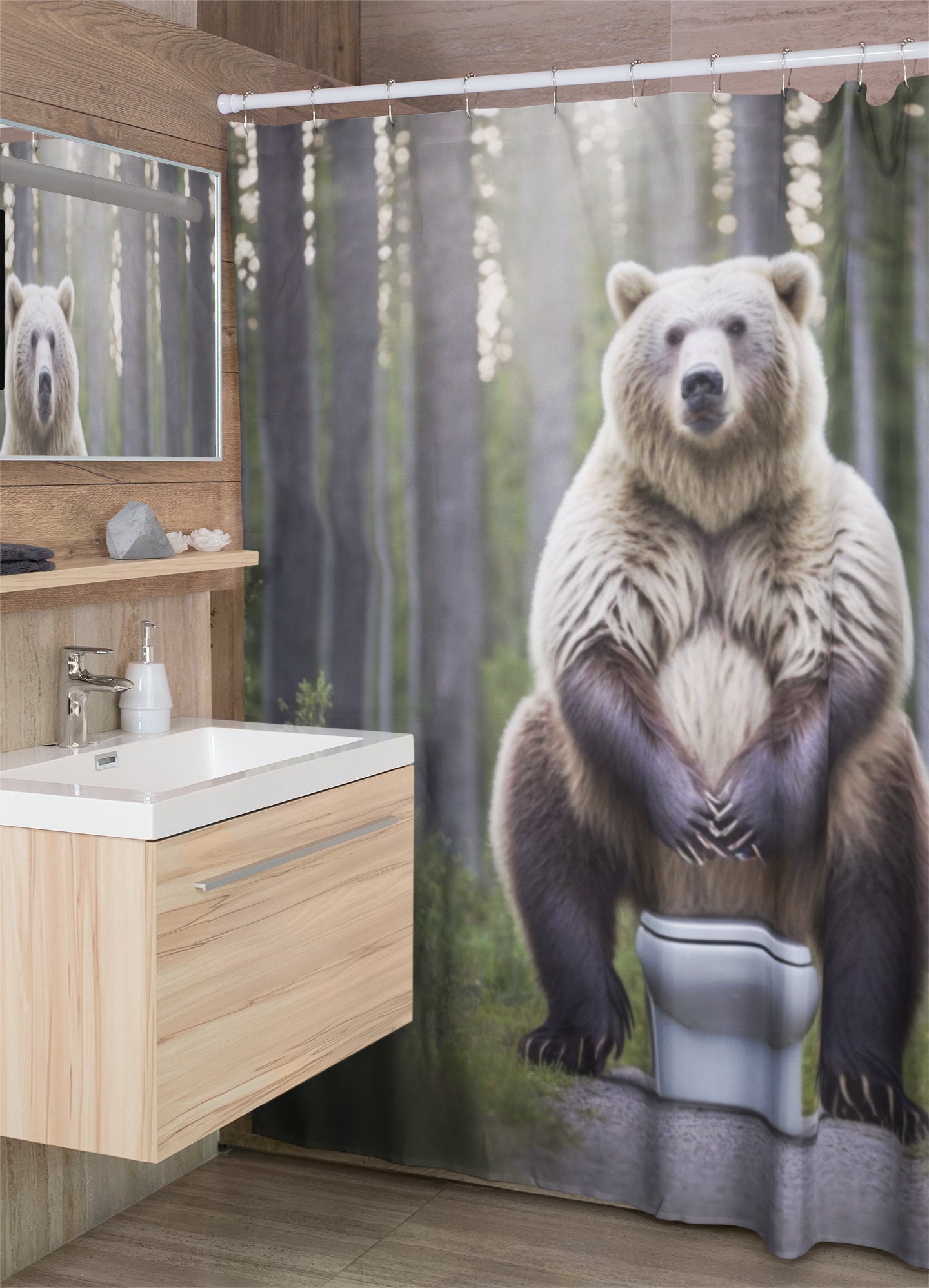 Bear Sits in the Woods Polyester Shower Curtain Where a Bear Sits Curtain for Your Shower Bathroom Shower Curtain With Bear Print Etsy