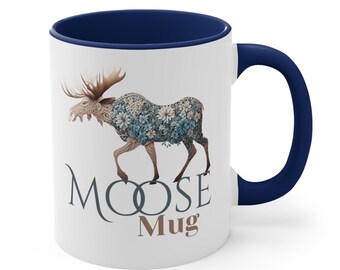 Moose Mug - Two Tone Ceramic Coffee Mug - Tea Cup Adorned With Moose - Beautiful Moose Art on Mug, Gift for Her, Moose antlers, Moose Art