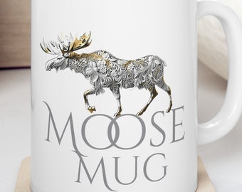 Beautiful Unique Moose White Ceramic Mug - Vine Inspired Artistic Moose On Ceramic Mug - Coffee Cup With Moose Print, Mountain Lover Gift