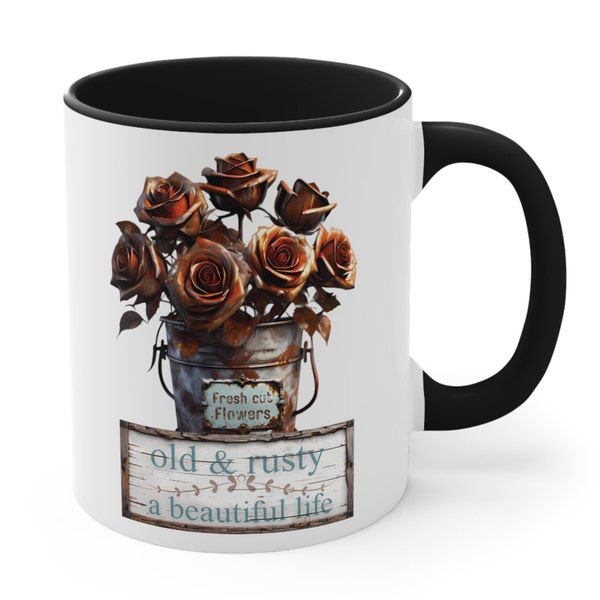 Rusted Roses Bucket, Rose Bouquet Mug, Old and Rusty, Country Rose Bucket, Rusty Bucket, Inspiring Message, Flower Bouquet, Old Tin Bucket