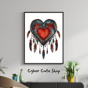May include: A watercolor painting of a heart-shaped dreamcatcher with red, orange, and blue feathers. The dreamcatcher is surrounded by a dark blue background and has a red heart in the center.