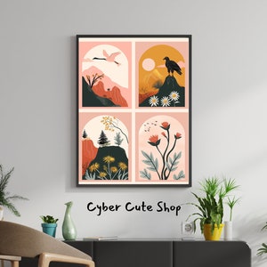 May include: A digital art print featuring four square panels with a pink background. Each panel depicts a different nature scene with a bird, flowers, and mountains. The print is titled "Cyber Cute Shop".