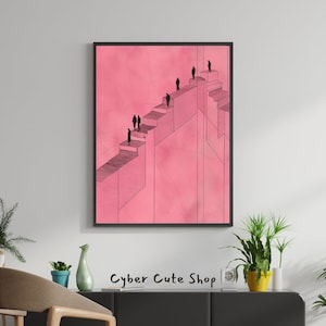 May include: A digital art print featuring a pink background with a black and white illustration of a series of steps leading up to a platform with people standing on it. The text "Cyber Cute Shop" is visible at the bottom of the image.