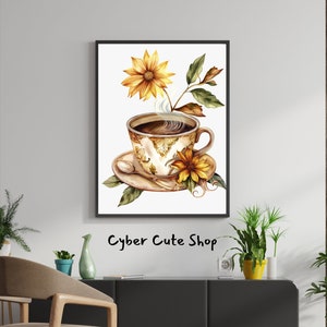 May include: A watercolor painting of a teacup with a floral design and a steaming cup of coffee. The teacup is surrounded by yellow flowers and green leaves. The painting is framed and hanging on a white wall.