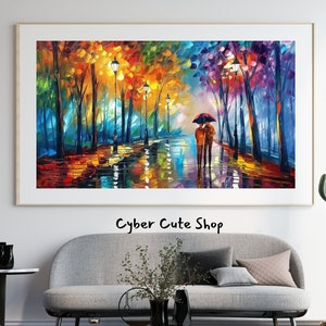 Vibrant Rainy Streetscape Digital Art - Colorful Umbrella Walk Printable - Lively Urban Wall Décor - Instant Download