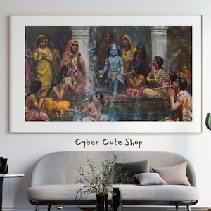 Puede incluir: Una pintura que representa una escena de la mitología hindú. Una deidad de piel azul se encuentra de pie en una piscina de agua, rodeada de personas con ropa colorida. La escena está ambientada en un exuberante jardín con una fuente y árboles.