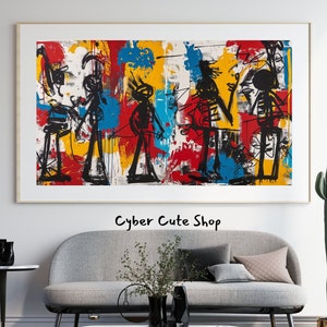 Op de afbeelding: Abstract schilderij met vijf figuren in zwart omlijnd tegen een kleurrijke achtergrond van rood, geel, blauw en wit. Het schilderij is ingelijst en hangt aan een witte muur.