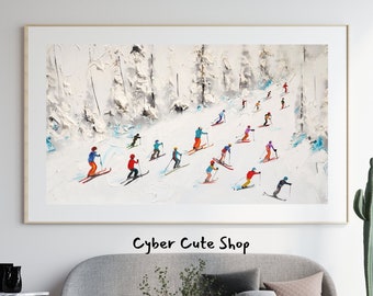 Lebendige Skifahrer auf strukturierter Leinwand, Winter Sport Szene, digitale Kunst zum ausdrucken, Sofort Download, atemberaubende Ski Landschaft Wanddekoration
