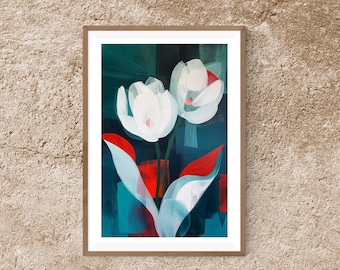 Tulipani bianchi minimalisti con accenti rossi - Elegante arte digitale, Download stampabile, Decorazioni floreali moderne, Idea regalo unica