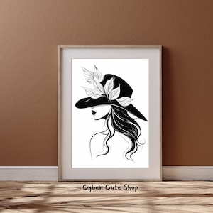May include: Black and white line art print of a woman wearing a wide-brimmed hat with leaves on top. The print has the text "Cyber Cute Shop" at the bottom.