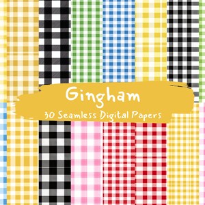 May include: A set of 30 digital papers featuring various gingham patterns in different colors, including yellow, black, green, blue, pink, and red. The patterns are seamless and can be used for a variety of crafting projects.