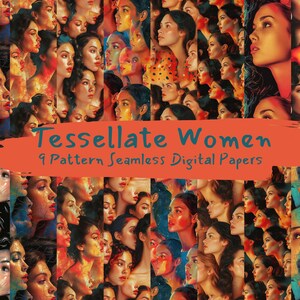 Puede incluir: Un paquete de papel digital con 9 patrones sin costuras que presentan retratos abstractos y coloridos de mujeres. El texto "Tessellate Women 9 Pattern Seamless Digital Papers" se muestra sobre un fondo rojo.