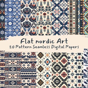Puede incluir: Un conjunto de 20 patrones de papel digital que presentan una variedad de diseños geométricos en estilo escandinavo. Los patrones son en tonos de azul, rojo, blanco y negro.