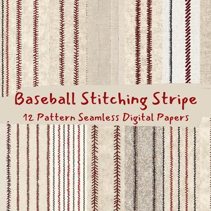 Op de afbeelding: Een set van 12 digitale papieren met naadloze patronen van rode en zwarte baseball-naadstrepen op een beige achtergrond.  Baseball Stitching Stripe 12 Pattern Seamless Digital Papers.