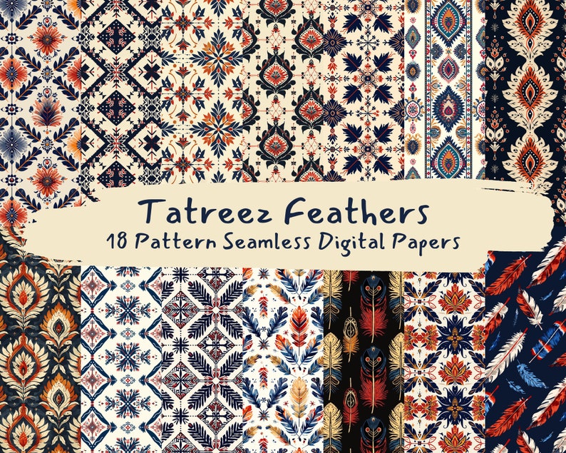 Tatreez Feathers Pattern Seamless Digital Papers - Printable Scrapbook ...
