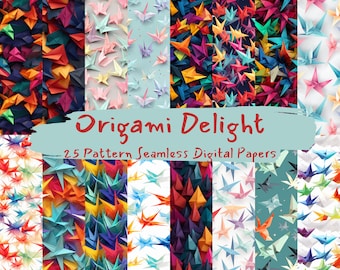 May include: A collection of 25 digital paper patterns featuring colorful origami cranes in various designs. The patterns are seamless and can be used for scrapbooking, card making, and other craft projects.