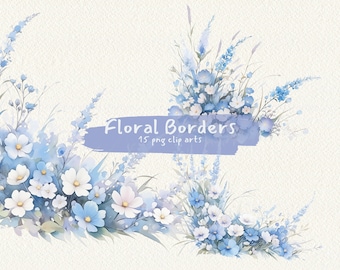 May include: A set of 15 watercolor floral borders featuring blue and white flowers. The borders are perfect for adding a touch of elegance to your designs.